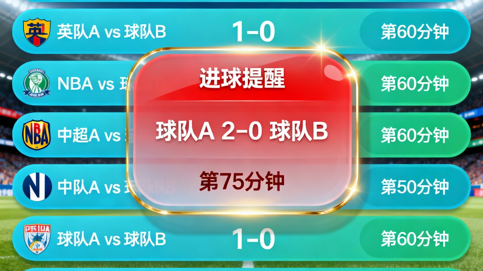 88直播闪电比分界面，同时展示英超、NBA、中超等多联赛实时比分数据面板，进球弹窗提醒动画效果